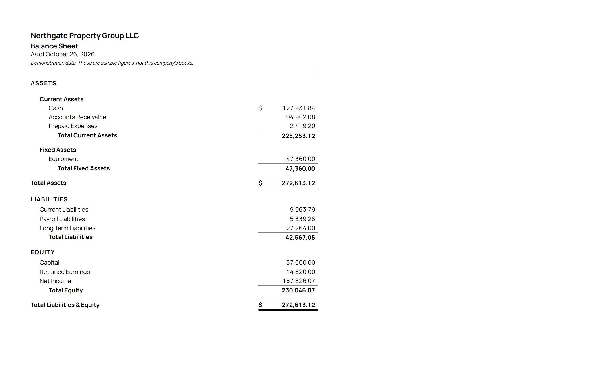 Balance sheet print view on a sample company's letterhead