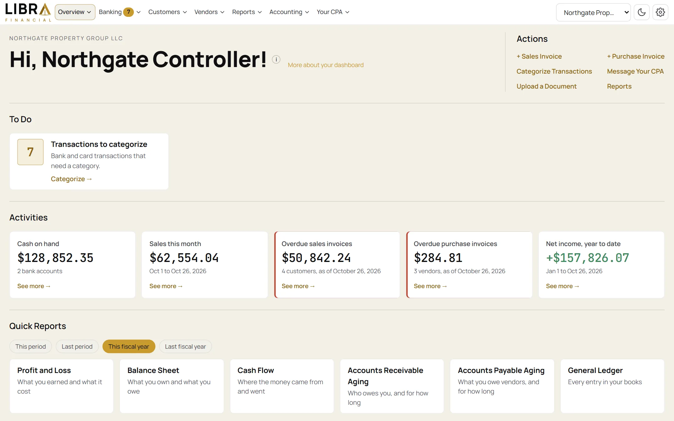 Libra Financial dashboard in the light look: a To Do list with transactions to categorize, then cash on hand, sales this month, overdue sales invoices, overdue purchase invoices and net income for the year, for a sample company.