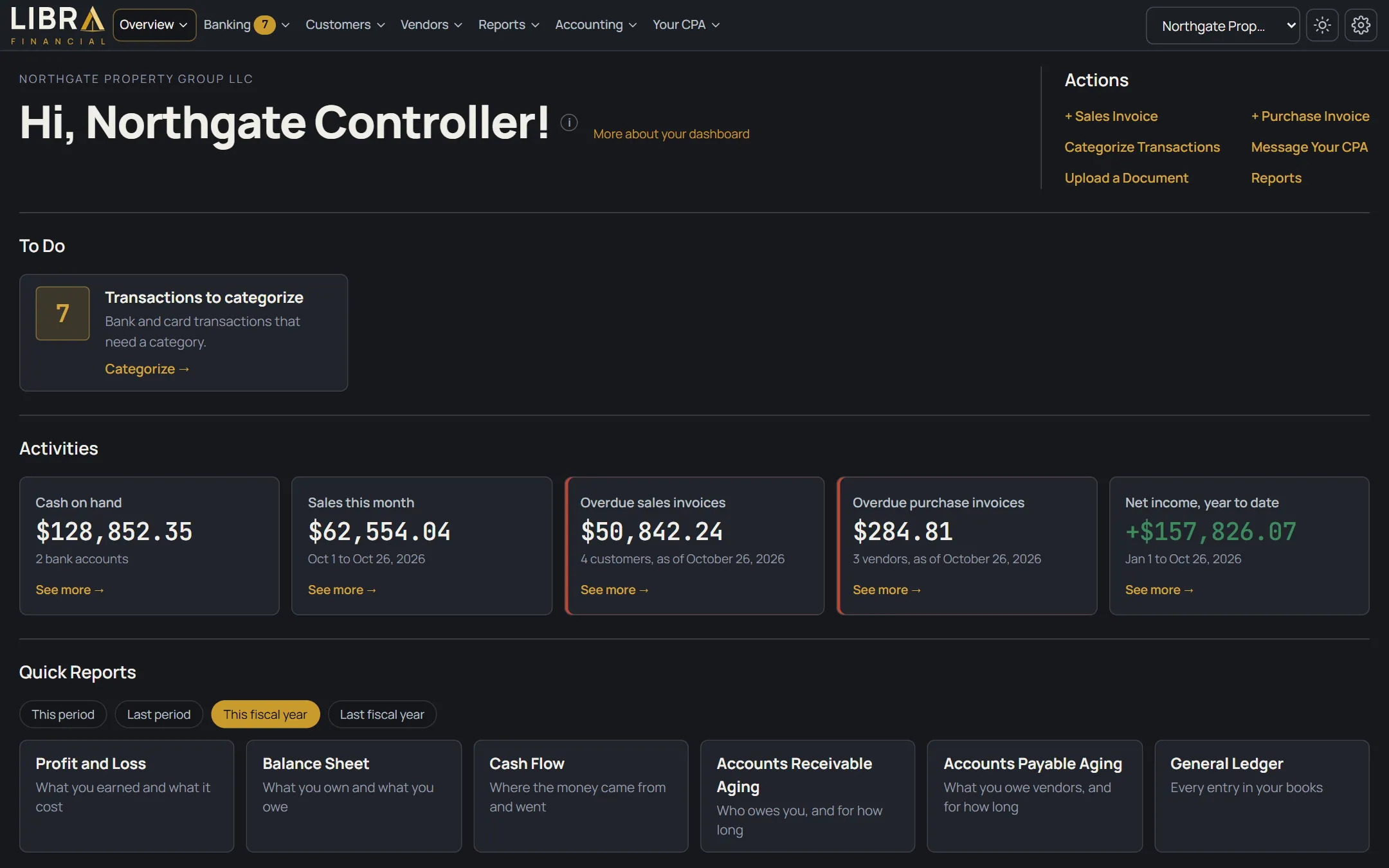 Libra Financial dashboard in the dark look: a To Do list with transactions to categorize, then cash on hand, sales this month, overdue sales invoices, overdue purchase invoices and net income for the year, for a sample company.
