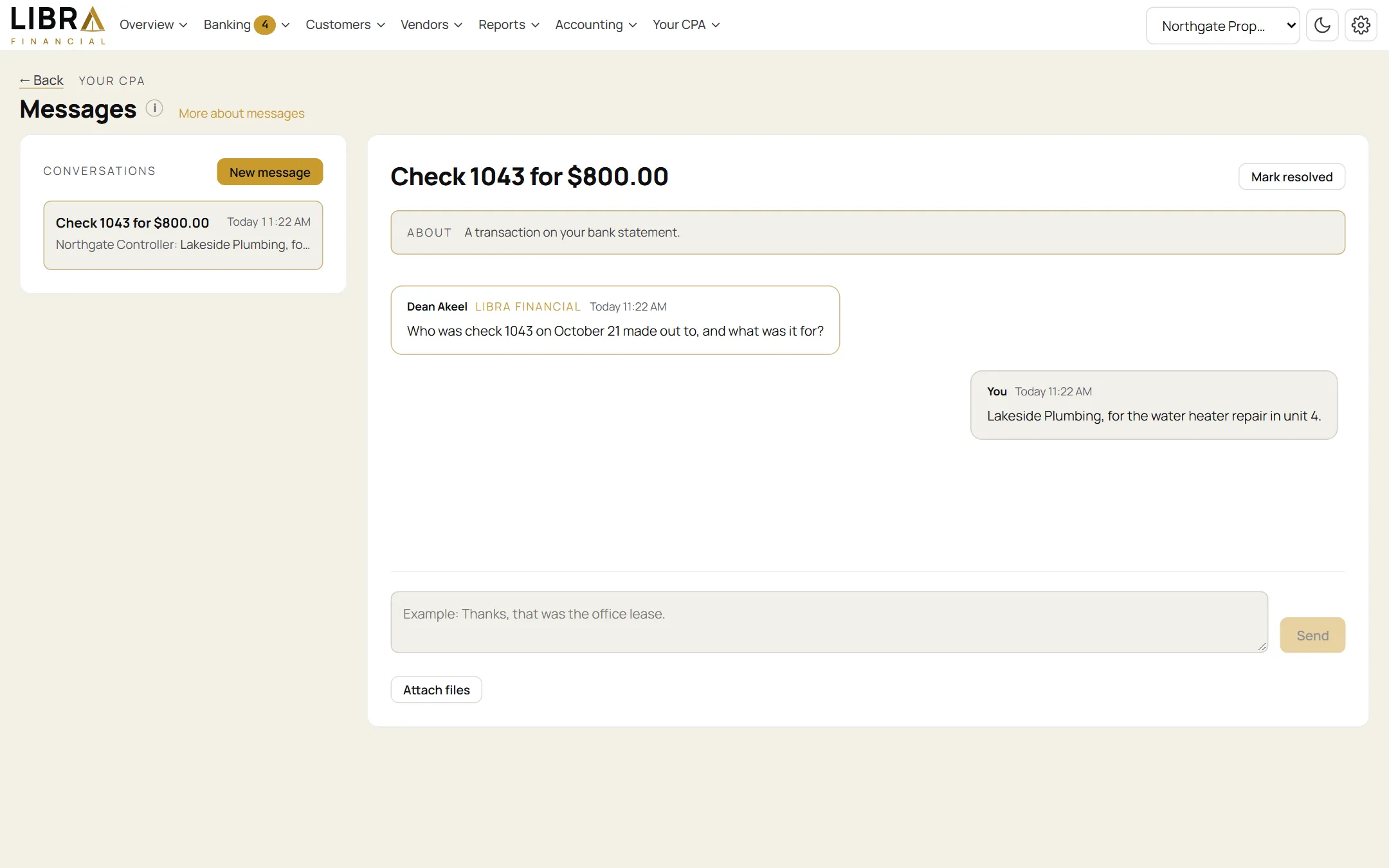 Messages screen in the light look: the CPA asks who check 1043 was made out to, and the client replies in one line.
