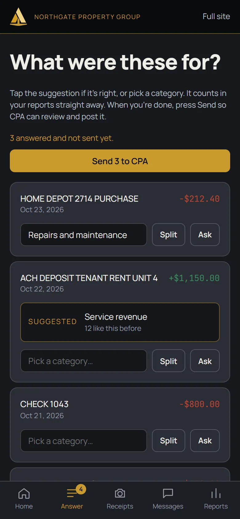 Phone Answer screen in the dark look titled "What were these for?", with a suggested category and a category picker for each transaction and a button that sends the answers to the CPA.