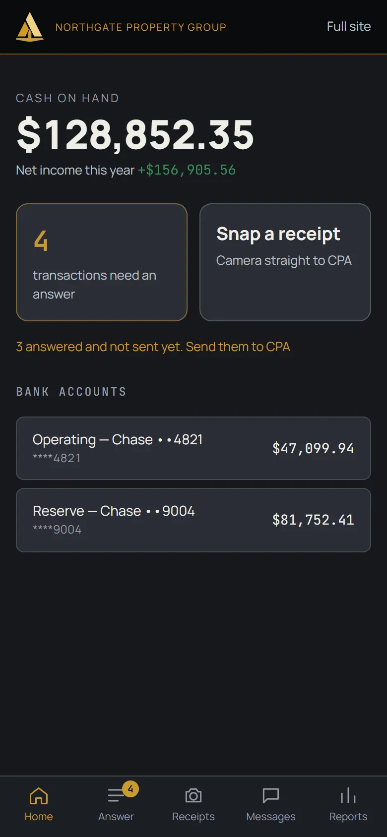 Phone Home screen in the dark look: cash on hand, a count of transactions that need an answer, a Snap a receipt button and two bank balances.
