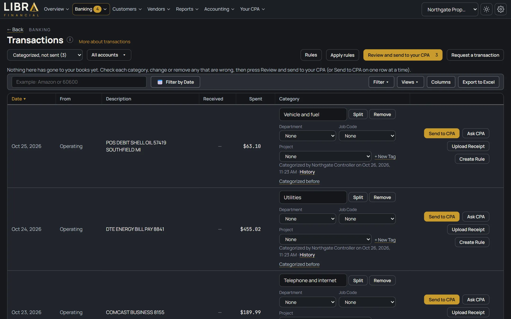 Transaction list with categorized lines waiting to be sent, each showing who categorized it
